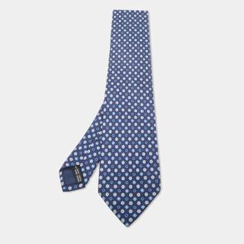 Pre Owned Salvatore Ferragamo Navy Blue Logo Print Silk Tie