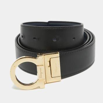 Pre Owned Salvatore Ferragamo Navy Blue/Black Leather Gancio Cut to Size Reversible Belt