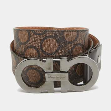 Pre Owned Salvatore Ferragamo Brown Gancini Print Leather Buckle Belt 115CM