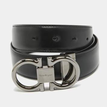 Pre Owned Salvatore Ferragamo Black/Dark Brown Leather Gancini Cut to Size Reversible Belt