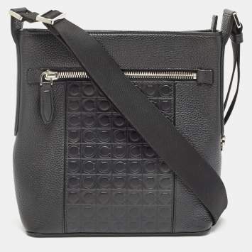 Pre Owned Salvatore Ferragamo Black Gancini Embossed Leather Messenger Bag