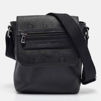 Pre Owned Salvatore Ferragamo Black Gancini Embossed Leather Flap Messenger Bag