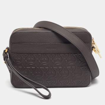 Pre Owned Salvatore Ferragamo Logo Dark Brown Embossed Leather Crossbody Bag