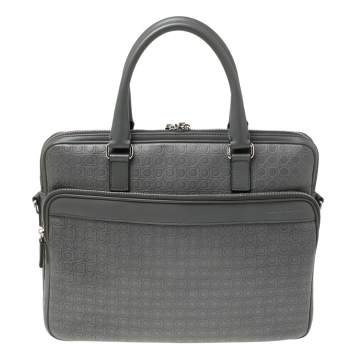 Pre Owned Salvatore Ferragamo Grey Gancini Embossed Leather Laptop Bag
