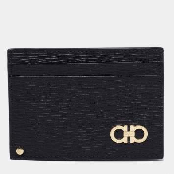 Pre Owned Salvatore Ferragamo Black Leather Gancini Card Holder with Pull Out ID Window