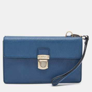 Pre Owned Salvatore ferregamo Blue Leather Flap Wristlet Pouch