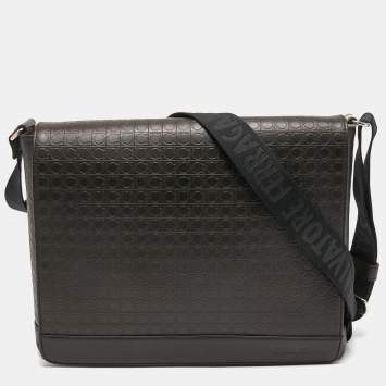 Pre Owned Salvatore Ferragamo Brown Embossed Leather Messenger Bag