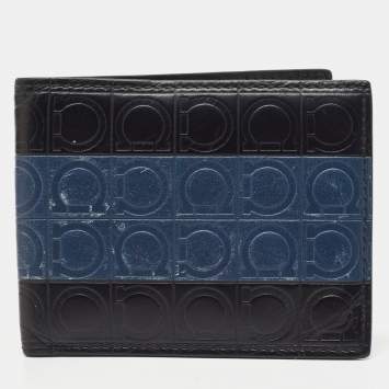 Pre Owned Salvatore Ferragamo Black/Blue Logo Embossed Leather Bifold Wallet