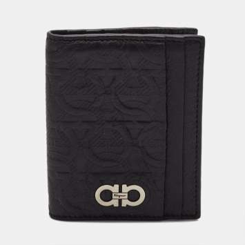 Pre Owned Salvatore Ferragamo Black Gancini Embossed Leather Logo Card Case