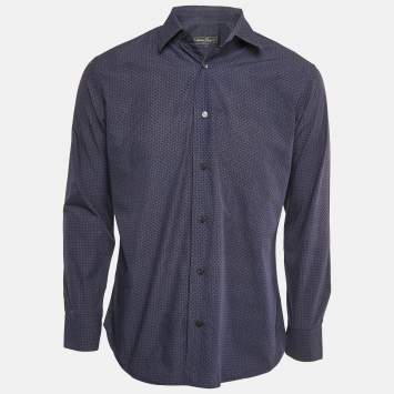 Pre Owned Salvatore Ferragamo Navy Blue Printed Derby Fit Shirt M