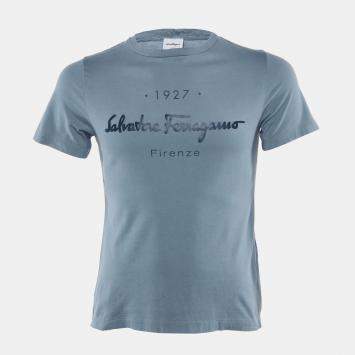 Pre Owned Salvatore Ferragamo Blue Logo Cotton Crewneck T-Shirt M