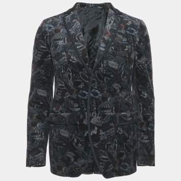 Pre Owned Salvatore Ferragamo Multicolor Feather Print Velvet Blazer S