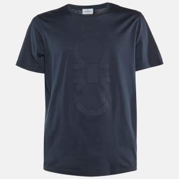 Pre Owned Salvatore Ferragamo Midnight Blue Gancini Logo Cotton Crew Neck T-Shirt L