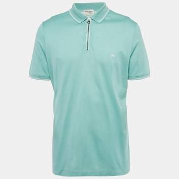 Pre Owned Salvatore Ferragamo Turquoise Cotton Zip -Up Polo T-Shirt XL