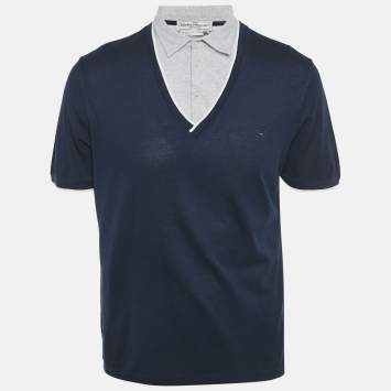 Pre Owned Salvatore Ferragamo Navy Blue Cotton Pique Polo T-Shirt L