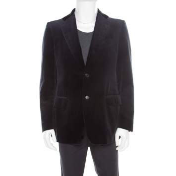 Pre Owned Salvatore Ferragamo Navy Blue Mini Houndstooth Patterned Velvet Blazer L