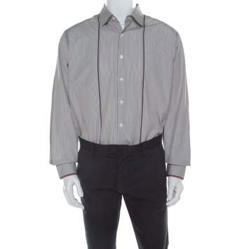 Pre Owned Salvatore Ferragamo Brown Pin Striped Cotton Derby Fit Shirt XXL 