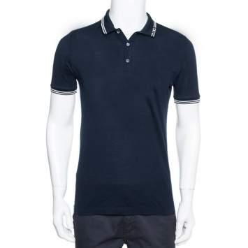 Pre Owned Salvatore Ferragamo Navy Blue Cotton Pique Contrast Stripe Detail Polo T-Shirt S