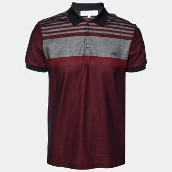 Pre Owned Salvatore Ferragamo Grey and Burgundy Striped Logo Embroidered Polo T-Shirt M