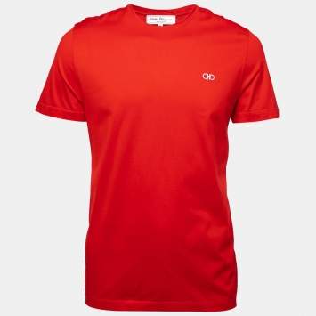 Pre Owned Salvatore Ferragamo Red Cotton Logo Embroidered Short Sleeve T-Shirt XL