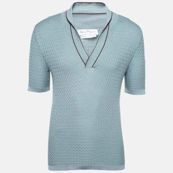 Pre Owned Salvatore Ferragamo Blue Patterned Silk Knit Short Sleeve Polo T-Shirt S