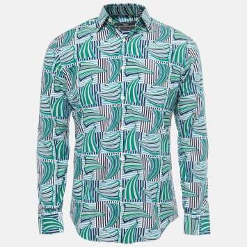 Pre Owned Salvatore Ferragamo Blue Sailboat Print Cotton Derby Fit Shirt S