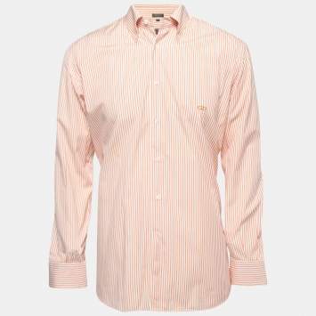 Pre Owned Salvatore Ferragamo Orange Striped Cotton Button Down Shirt M