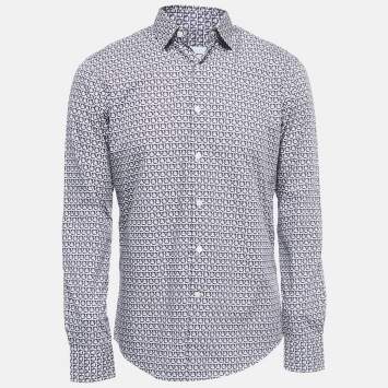 Pre Owned Salvatore Ferragamo Navy Blue Geometric Printed Cotton Shirt M