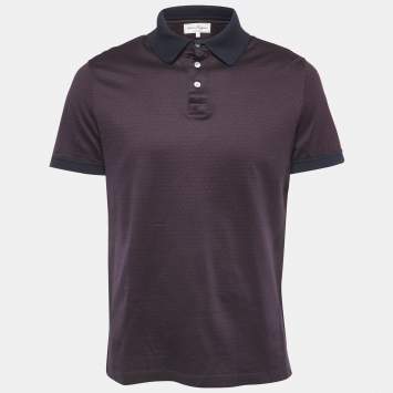 Pre Owned Salvatore Ferragamo Navy Blue Logo Patterned Cotton Polo T-Shirt L
