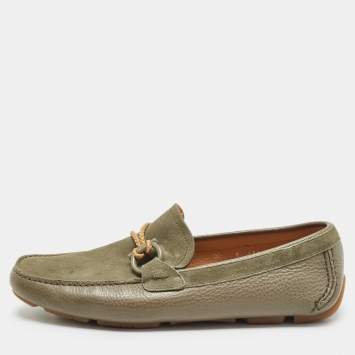 Pre Owned Salvatore Ferragamo Grey/Green Suede and Leather Drivers Loafers Size 42