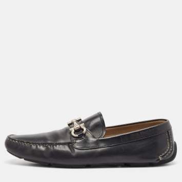 Pre Owned Salvatore Ferragamo Black Leather Gancio Loafers Size 47