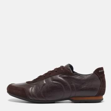 Pre Owned Salvatore Ferragamo Brown Leather and Suede Low Top Sneakers Size 43.5