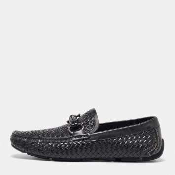 Pre Owned Salvatore Ferragamo Black Woven Leather Gancini Penny Loafers Size 40