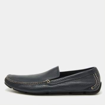 Pre Owned Salvatore Ferragamo Navy Blue Leather Slip On Loafers Size 44