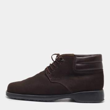 Pre Owned Salvatore Ferragamo Dark Brown Suede Lace Up Mid Sneakers Size 41.5