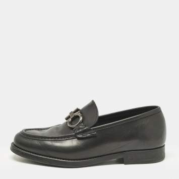 Pre Owned Salvatore Ferragamo Black Leather Double Gancio Loafers Size 39.5