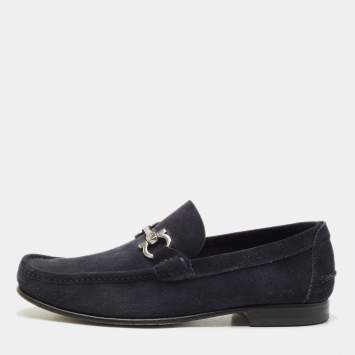 Pre Owned Salvatore Ferragamo Navy Blue Suede Double Gancio Loafers Size 42