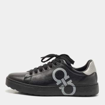 Pre Owned Salvatore Ferragamo Black/Silver Leather Gancini Lace Up Sneakers Size 40