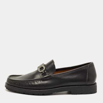 Pre Owned Salvatore Ferragamo Black Leather Fort Gancini Loafers Size 45