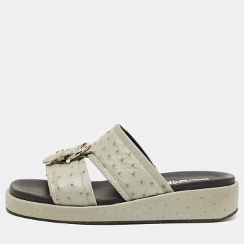 Pre Owned Salvatore Ferragamo Grey Ostrich Lutfi Platform Slide Sandals Size 40.5