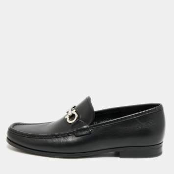 Pre Owned Salvatore Ferragamo Gancini Size 44.5 Black Leather Loafers