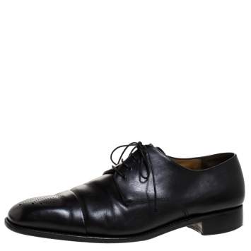 Pre Owned Salvatore Ferragamo Black Leahter Perforated Cap Toe Oxford Derby Size 44.5