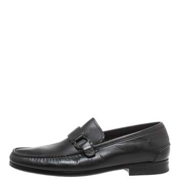 Pre Owned Salvatore Ferragamo Black Leather 'Ponza' One Side Gancio Loafers Size 42.5