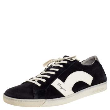 Pre Owned Salvatore Ferragamo Black/White Leather and Suede Low Top Sneakers Size 45 