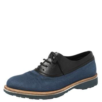 Pre Owned Salvatore Ferragamo Blue/Black Fabric and Leather Lace Up Oxfords Size 41