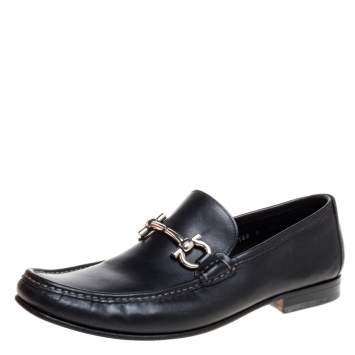 Pre Owned  Salvatore Ferragamo Black Leather Gancini Bit Loafers Size 44.5