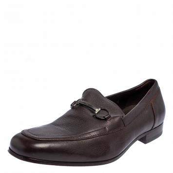 مملوكة مسبقًا Salvatore Ferragamo Dark Brown Leather Gancini Bit Slip On Loafers Size 43.5 
