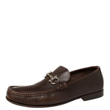 Pre Owned  Salvatore Ferragamo Brown Leather Gancini Bit Loafers Size 43.5