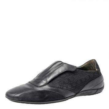 Pre Owned Salvatore Ferragamo Black Leather And Signature Canvas Slip On Sneakers Size 42