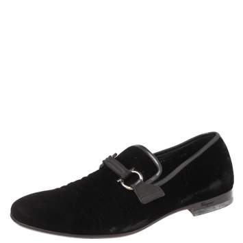 Pre Owned Salvatore Ferragamo Black Velvet Gancini Bit Slip On Loafers Size 42.5